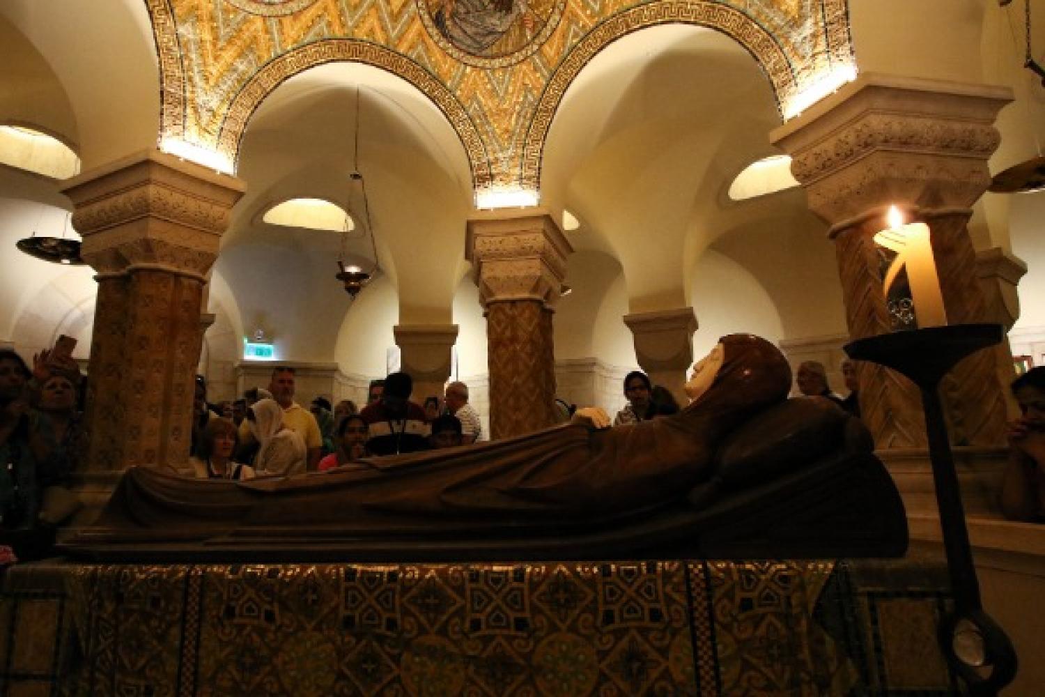 A statue of Our Lady in repose in the crypt of the Abbey of the Dormition