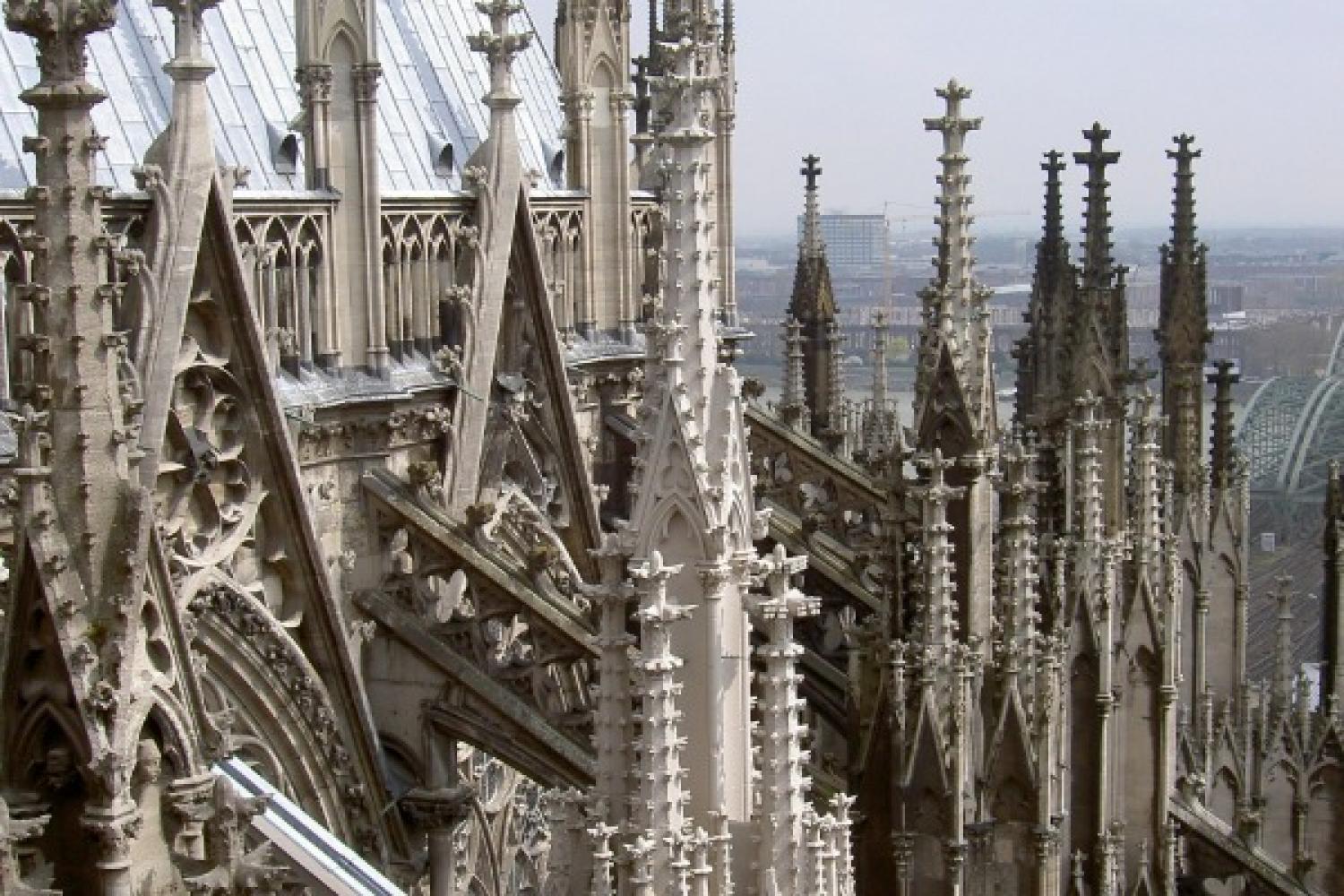 The buttresses and spires of the Cologne Cathedral
