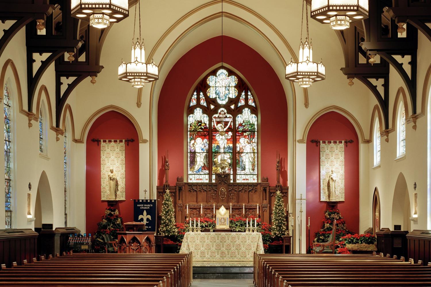 Interior of St. Mary&#039;s Catholic Church in Greenville, South Carolina