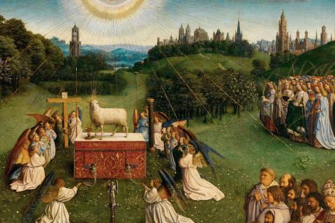 "Adoration of the Mystic Lamb" from the Ghent Altarpiece, by Hubert and Jan Van Eyck